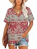 MOLERANI Damen-Oberteil, V-Ausschnitt, kurzärmelig, T-Shirt, Sommer, lässige Tunika (Boho Blumenrot, XXL)