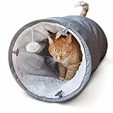 CanadianCat Company | Spieltunnel für Katzen mit Kuschelfell | grau | ca. 35 x 70 cm - Variable Form, integriertes Katzenspielzeug