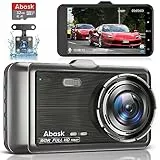 Abask Dashcam Auto Vorne und Hinten Autokamera 1080P mit 32 GB SD-Karte, 4 Zoll Bildschirm, 310° Weitwinkelansicht, Dash Cam mit Parküberwachung, Bewegungserkennung, G-Sensor, Loop-Aufnahm, WDR, Akku