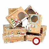 HEMOTON 16Pcs Plätzchenboxen Kraftpapier Donut-Bonbonboxen Weihnachtsgeschenkboxen mit Klarem Fenster Feiertagsbäckerei-Lebensmittelbehälter mit 22 Bändern