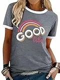 WIEIYM Damen Good Vibes T-Shirt Kurzarm Rundhals Regenbogen T Shirts Sommer Oberteil Frauen Lässig Bluse Sport Tops(Hellgrau,M)