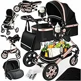 KESSER® Loops 4 in 1 Kinderwagen Kombikinderwagen Komplett-Set inkl. Babywanne & Buggy Sportsitz & Auto-Babyschale Voll-Gummireifen Wickeltasche Regenschutz Kindertisch ECE R129, Schwarz/Rosé Gold