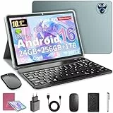 MENTUME Android 16 Tablet 10 Zoll mit Gemini AI, Tablet mit Tastatur, Maus & Stylus, Octa-Core, 24 GB RAM + 256 GB ROM + 1 TB TF, 1920x1200 HD Display, 8MP + 13MP Kamera, 6000 mAh (Blau + Rosa Hülle)
