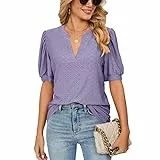 Decorie Bluse Damen Sommer Tshirt V Ausschnitt Kurzarm Damen Oberteile Elegant Damenblusen Casual Blusenshirt Tunika (B-Lila,L)
