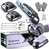 Angseen Akku Kettensäge, 6 Zoll Mini Kettensäge mit 2 Akku und 850W Motor, Akku-Astsäge mit 2 Ketten und Sicherheitsverriegelung, Starke Elektro-Handkettensäge für Holz, Astschere & Gartenarbeit