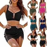 ZWDC Bikini Set Damen Zweiteilig V-Ausschnitt Raffung Badeanzug mit Rock Bauchweg Bademode Sexy Strandmode Schwimmset Gepolstert Ohne Bügel Triangel Top für Sommer Strand Urlaub Strandparty