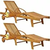 Casaria® Sonnenliege 2er Set Klappbar Wetterfest 2 Personen Holz Gartenliege mit 2 Räder Ablage Tisch Liegestuhl Verstellbare Rücken- Fußlehne Garten 196cm