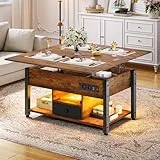 YITAHOME Couchtisch mit Höhenverstellbarer, 4-in-1-Multifunktions-Couchtisch mit Stauraum und LED Beleuchtung, Couchtisch lässt Sich in einen Esstisch für das Wohnzimmer umwandeln, Vintage-Braun