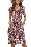 MOLERANI Damen Kurzarm V-Ausschnitt Button-Down Midi Skater Kleid mit Taschen Extra Floral Rot L