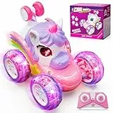 Hot Bee Einhorn Ferngesteuertes Auto ab 3 Jahre, Geschenk Mädchen 3 4 5 6 Jahre, 2.4GHz RC Auto, Einhorn Spielzeug, Einhorn Geschenke für Mädchen, 360° Stuntauto mit LED-Lichtern