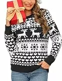 Leversic Weihnachtspullover Damen Christmas Pullover Strickpulli mit Rentiermuster und Schneeflocke, Christmas Sweater Rundhals für Winter Festlich, Schwarz, S