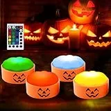 KUWUNG 4 PCS Halloween Kürbis LED mit Fernbedienung und Timer, Halloween Kürbis Lichter 16 Farben, Batteriebetriebene Orange Kürbis Lampe, Flammlose Kerzen für Kürbis Deko