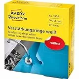 AVERY Zweckform 3508 Lochverstärker selbstklebend 500 Stück (Ø13mm, Lochverstärkungsringe auf Rolle, permanent haftende Ringverstärker, Ringlochverstärker fürs Abheften, reißfeste Folie) weiß