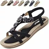 Acfoda Sandalen Damen Sommer mit Blumen Strass Flach Bohemia Strand Sandaletten Weiches Fussbett Sommerschuhe Frauen Elegant Offene Damensandalen Schwarz 39
