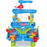 Doloowee Sand und Wassertisch für Kleinkinder, 4-Tier Wassertisch Spielzeug, Wasserspieltisch Outdoor Strandspielzeug, Groß Spieltisch Sommer-Wasserspielzeug für Jungen Mädchen 2 3 4 5 6 7 Jahre