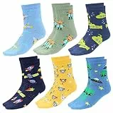 TupTam Kinder Socken Bunt Gemustert 6er Pack für Mädchen und Jungen, Farbe: Weltraum Bär Flugzeug Dunkelblau Blau Grün Gelb, Socken Größe: 23-26