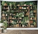 LB Wandteppich Grüne Pflanzen Wandtuch Vintage Bücher im Regal Wandbehang Wand Deko für Wohnzimmer Schlafzimmer Wohnheim,150x100cm