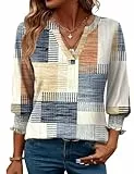 Rapbin Bluse Damen 3/4 arm langerm V-Ausschnitt Tunika Sommer Tops Locker Shirt Elegant Lässig Oberteil 2025 (M, Orange-blaues Karomuster)