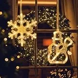 Jsdoin Schneeflocke Und Schneemann Weihnachtsbeleuchtung, LED Weihnachtsdeko Fenster Lichter, Beleuchtet mit Batteriebetriebene, Timer, Lichterkette für Weihnachten Deko, Balkon, Party(Warmweiß)