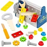 Kinderplay Green Series – Holz Werkzeugkasten für Kinder – 22-teiliges Lernspielzeug – Rollenspiel Heimwerken ab 3 Jahren – Tragbare Werkzeugkiste grau-blau