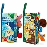 hahaland Babybuch Stoffbuch 2 Stück,Baby Spielzeug ab 0 3 6 Monate,3D Wald & Meerestier Muster Fühlbuch Knisterbuch,Quiet Book für Kinderwagen,Neugeborene Baby Geschenk fürJungen Mädchen