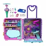 Polly Pocket Pollyville Urlaub im Rollkoffer - 4 Puppen, 1 Fahrzeug, 25+ Zubehörteile, Strand, Promenade, dreistöckiges Hotel mit Helikopter, für Kinder ab 4 Jahren, HKV43