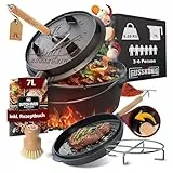 GUSSKÖNIG Dutch Oven Set-Eingebrannter Dutch Oven 7L [3-6 Person]-Feuertopf Gusseisen ohne Füßen-Schmortopf Doppelfunktion-2in1 Deckelheber,Untersetzer,Bürste,DutchOven Rezeptbuch-30 Jahre Garantie