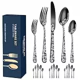 Aoresac Besteck Set für 4 Personen, Essbesteck 20 Teilig, aus Edelstahl, inklusive Messer, Gabel und Löffel für Küche, Restaurant, Party, Poliertes Muster, mit Blumenspiegel, Spülmaschinenfest
