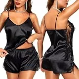 RSLOVE Schlafanzug Damen Kurz Satin - Sexy Pyjama Set Nachtwäsche für Damen Sommer Schwarz M