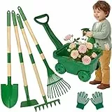 Hot Bee Schubkarre für Kinder mit Gartengeräte Set, Gartenwerkzeug Kinder Set mit Schaufel Rechen Hacke Gießkanne Handschuhen, Gartenspielzeug 3-8 Jahre, Grün