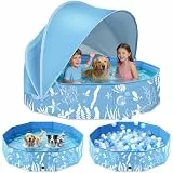 Haozozo Faltbarer Hundepool mit Abnehmbarem Sonnendach, 120cm Robustes Planschbecken für Kinder & Hunde Pool mit Dach, Rutschfestes Hundebadewanne und Kinderpool für Garten Outdoor Camping
