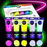 perfect ideaz 5 x 75 ml Schwarz-Licht Acryl-Farbe, hoher Anteil an Leucht-Pigmenten, fluoreszierende Farbe