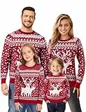 Namatime Weihnachten Pullover Herren Weihnachtspullover Familie Set Warme Strickpullover mit Rentiermuster Und Schneeflocke Lustig Christmas Sweater Herren-Rot XL