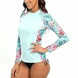 SURFEASY Damen Rash Guard Langarm Sonnenschutz Schnelltrocknend Badeshirt Surf Shirt Schwimmen Bademode(Hellblau Floral,XL)