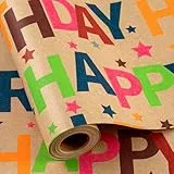 Wikadlik Buntes Geburtstags-Geschenkpapier – 43 cm x 10 m – 'Happy Birthday'-Schriftzug, Geschenkpapierrolle mit Gitter-Schnittlinie für Feiertage, Feiern, Partys