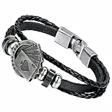 Flongo Herren Poker Armband Leder: Lederarmband Silber Schwarz Kette mit Spielkarte Karten Anhänger Armreif Pik Ass Joker 10/J/Q/K/A punk Männer Accessoires