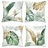 Bonhause 4er Set Kissenbezüge Tropische Blätter 45 x 45 cm Grün Braun Blätter Samt Soft Dekorative Kissenhülle Zierkissenbezüge für Sofa Zuhause Garten Patio Dekoration