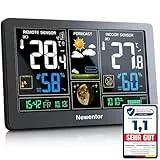 Newentor Wetterstation Funk mit Außensensor - Funkwetterstation mit Wettervorhersage, Temperaturwarnung, DCF Funkuhr - Batteriebetrieb und Netzbetrieb, Schwarz, 1 Außensensoren