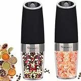 Salz und Pfeffermühle Elektrisch Set, Automatische Schwerkraft Elektrische Pfeffermühle Salzmühle mit LED Licht, Einstellbare Grobheit, Einhandbedienung, Schwarz
