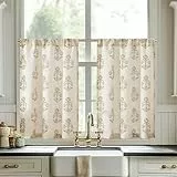 TOPICK Floral Küchengardinen Schiebevorhänge Lichtdurchlässig Kurze Fenster Vorhänge Bauernhaus Leinenoptik Kleine Fenster Bistrogardine für Wohnzimmer modern Küche 65B x 60H(cm) 2 Platten Grün