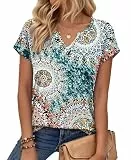 PLOKNRD T-Shirt Damen Sommer V Ausschnitt - Locker Bluse Oberteile Top Damen Leicht und Luftig mit Flügelärmeln Print Green XXL