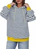 YUTILA Damen Gestreift Langarm Hoodie Kapuzenpullover Sweatshirt Pullover Locker Mit Tasche Herbst Winter