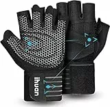 ihuan Belüftete Fitness Handschuhe mit Handgelenkband-Unterstützung für Herren und Frauen | Schwarze Trainingshandschuhe | kompletter Handflächenschutz für Gewichtheben, Training, Fitness, Klimmzüge