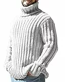 Runcati Rollkragenpullover Herren Strickpullover Zopfmuster Herbst Winter Grobstrick Einfarbig Pulli Sweater, Weiß, L