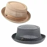 ZffXH Pork Pie Hut, 2pcs Porkpie Hut Herren Sommer, Khaki Und Grau Mesh Pork Pie Hut Cool Cooling Beach Party Cap Bootsfahrer Porkpie Breaking Bad Hat Kostüm Stroh, Fedora Panama Hut Herren Hat