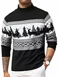 Wayleb Männer Weihnachtspullover Halbrollkragen, Weihnachts Pullover & Xmas Pullover mit Rentierdesign, Winterlicher Strickpullover, Schwarz M