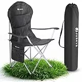 Juskys Campingstuhl Lido faltbar inkl. Getränkehalter, Seitentasche & Tragetasche - Camping Klappstuhl gepolstert mit Armlehne & Rückenlehne - Schwarz
