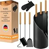 BLACK OAK Kaminbesteck VAIL 4-teilig mit Lederhandschuh - modernes Ofenbesteck Set schwarz mit Holzgriff 4 teilig mit Schürhaken Ascheschaufel Kaminbesen + Ständer modern Stahl - Kaminzubehör Ofen