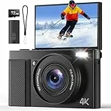 4K Digitalkamera 64MP AutoFokus Fotokamera: 16X Digitalzoom 180° Klapp 3IPS Bildschirm 32GB Karte für Vlog - Schwarz Kamera - Geschenk Anfänger Teenager Kids