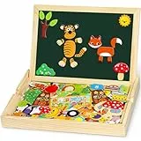 Jojoin 130 Stücke Magnetisches Holzpuzzle - 2025 Neu Montessori Holzpuzzle mit Doppelseitig Magnetisch | Wald | Bauernhof | Obst | Bus - Kreativ Spielzeug für Kinder